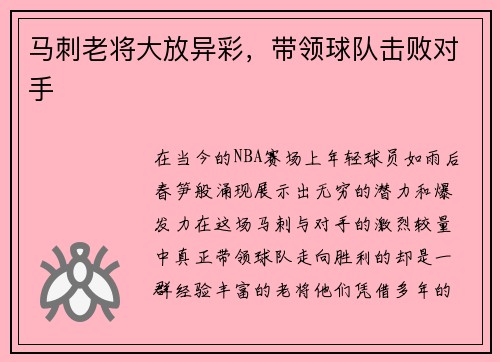 马刺老将大放异彩，带领球队击败对手