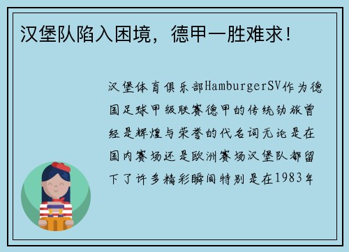 汉堡队陷入困境，德甲一胜难求！