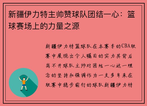 新疆伊力特主帅赞球队团结一心：篮球赛场上的力量之源
